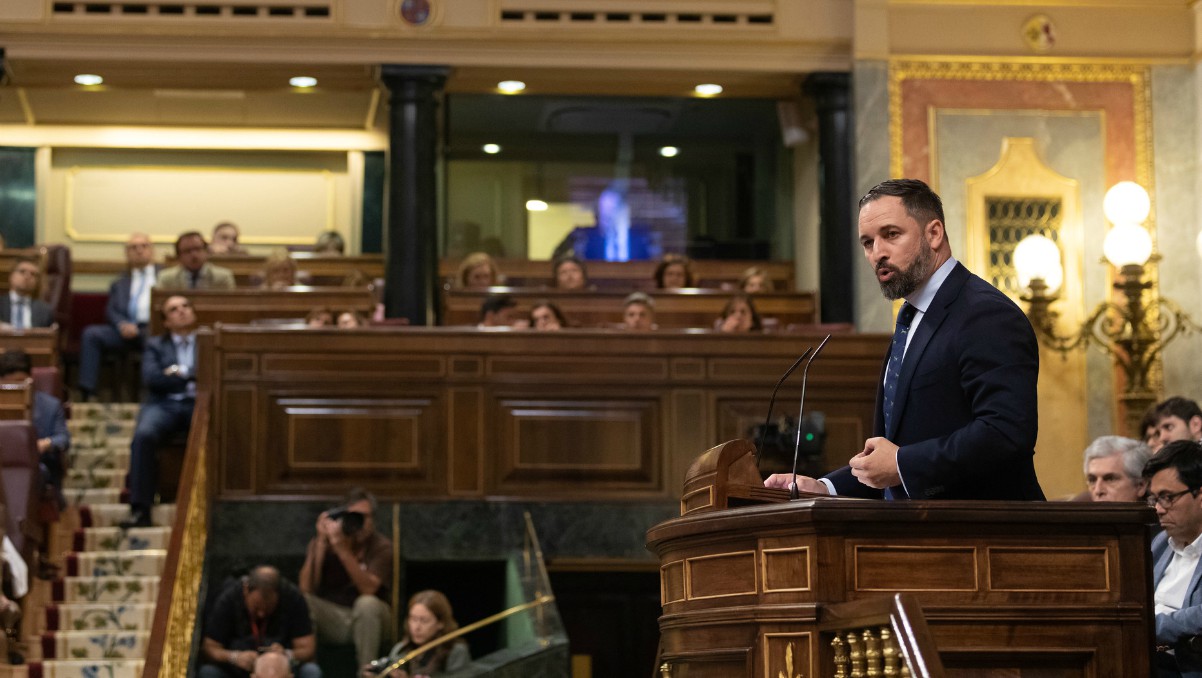 Santiago Abascal, en la tribuna de oradores del Congreso, durante la sesión de investidura el pasado 22 de julio.