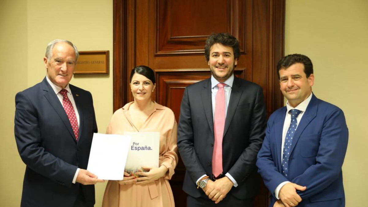 Los diputados Alberto Asarta, Ángel López y Ricardo Chamorro junto a la secretaria general del GP VOX, Macarena Olona
