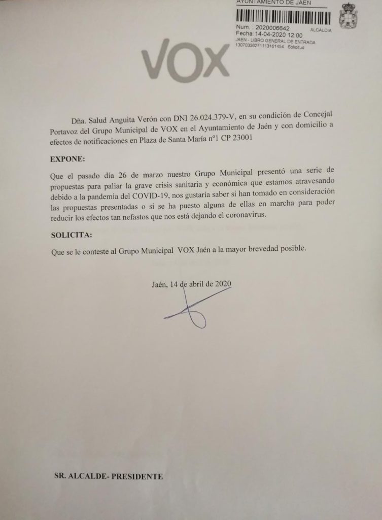 Pregunta registrada por VOX Jaén para hacer seguimiento propuestas COVID19