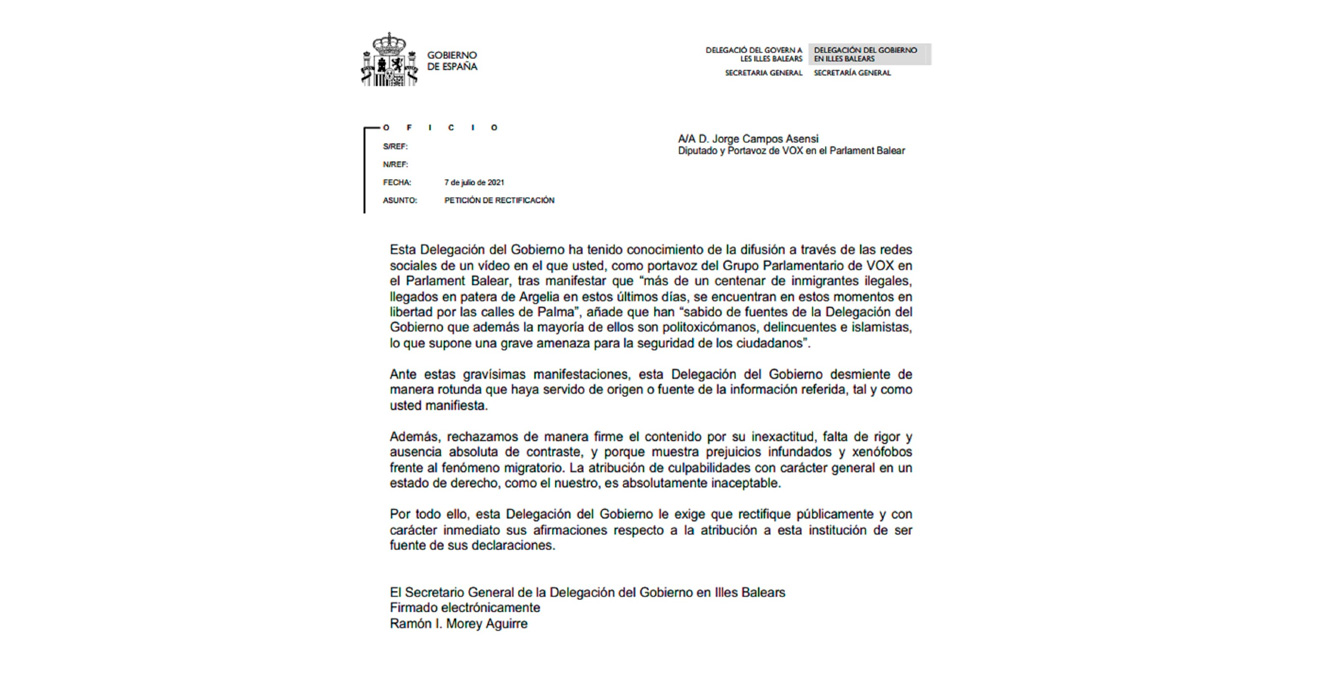 La Delegación de Gobierno de Baleares con Aina Calvo al frente pretende intimidarnos para que no sigamos contando la realidad sobre la inmigración descontrolada