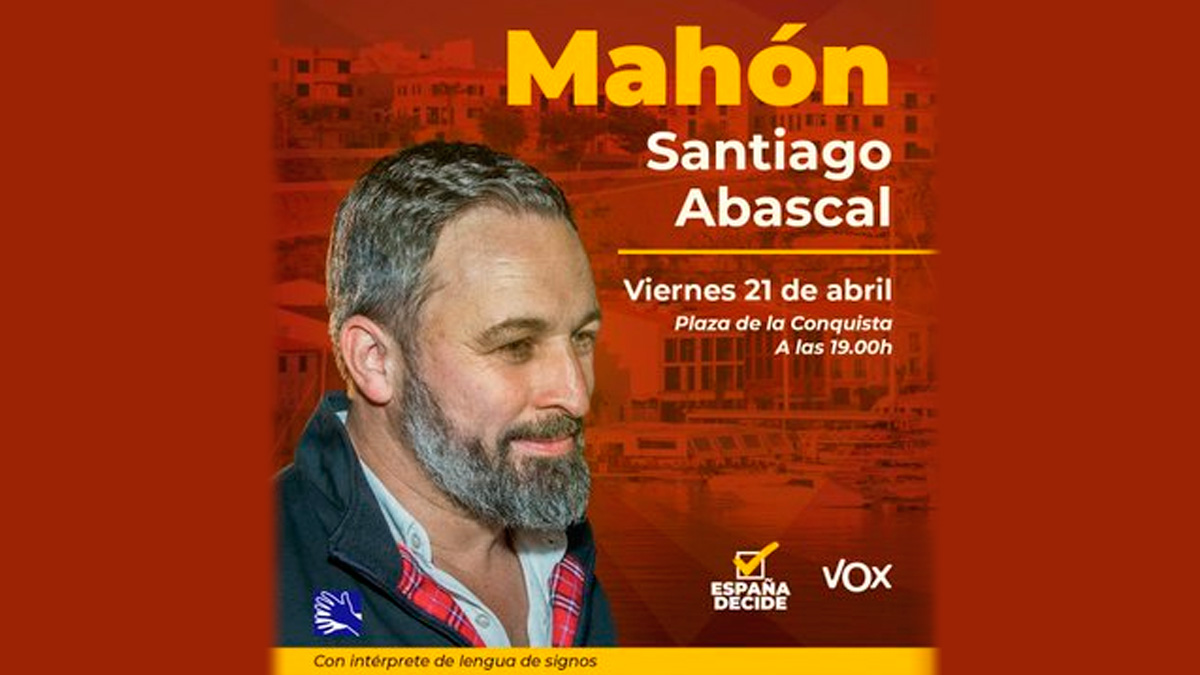 Santiago Abascal, visitará Menorca este viernes 21 de abril